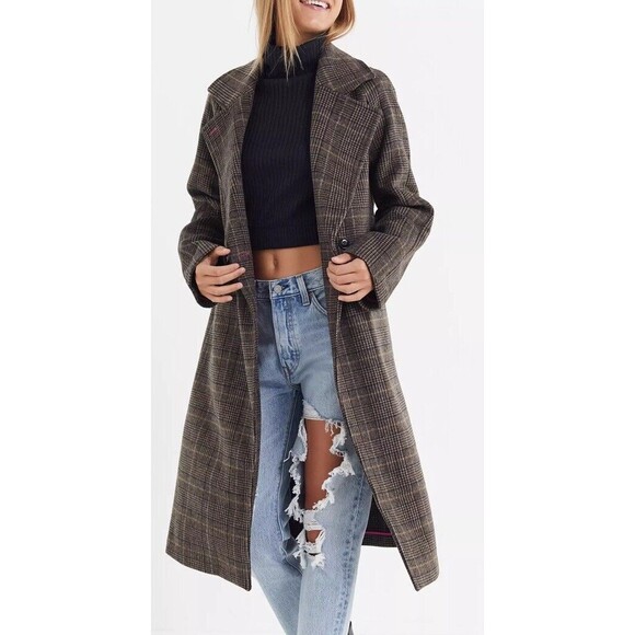 ANTHROPOLOGIE x AVEC LES FILLES Coat Wool Plaid Double Face Brown Oversized look - Picture 3 of 15